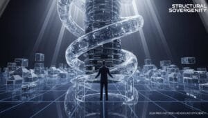 A person stands at a console facing a large, illuminated spiral structure in a futuristic, grid-like cityscape with small buildings.