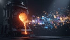 Molten metal pours from an industrial furnace, with digital geometric patterns and light effects emerging, symbolizing the fusion of industry and technology.