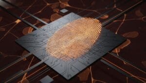 A glowing fingerprint is displayed on a black microchip with circuit lines, symbolizing digital security and biometric technology.