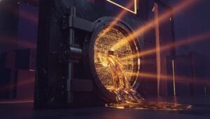 A secure vault door is open, with a glowing golden liquid or digital substance flowing out onto the floor in a dark, futuristic setting.