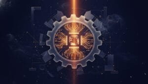 A digital circuit board in the shape of a gear, glowing with orange lines, is set against a dark background with abstract technical elements.