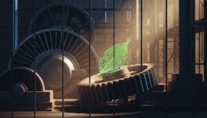 Large industrial gears are shown in a dimly lit factory, with a glowing green digital leaf hovering above one gear, symbolizing eco-friendly technology.
