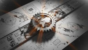 A large gear with a world map overlay is placed on top of technical blueprints, with beams of light shining outward from the gear’s center.