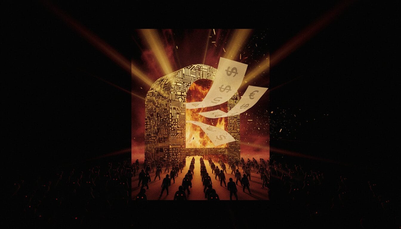 A crowd faces a large, fiery structure with burning currency symbols as papers with dollar, euro, and yen signs fly out, lit dramatically by intense beams of light.