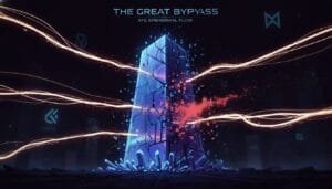 A large, glowing monolith stands at the center, with streams of light and particle effects flowing around and through it against a dark, futuristic background. Text reads: "The Great Bypass – AI's Ephemeral Flow.
