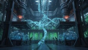 A large glowing DNA double helix structure stands in the center of a futuristic laboratory, with scientists working near glass pods and advanced machinery.