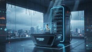 A woman works at a futuristic desk with holographic displays in a high-tech office, beside a large server labeled "Sovereign Compute," overlooking a rainy city skyline.
