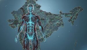 A human body with visible nervous and muscular systems is superimposed over a map of India with illuminated network lines and nodes.