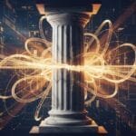 A classical marble pillar stands at the center, surrounded by swirling golden light trails and abstract digital elements in the background.