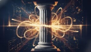 A classical marble pillar stands at the center, surrounded by swirling golden light trails and abstract digital elements in the background.