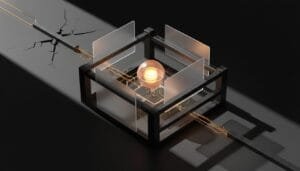 A metallic cube with transparent panels encloses a glowing central sphere; circuit-like lines connect to the structure, and a cracked surface is visible on the left side.