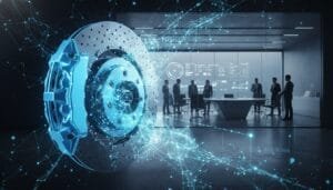 A digital rendering of a car brake disc hovers in the foreground, with business professionals meeting in a high-tech conference room in the background.