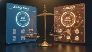 A balance scale compares LEGACY SAAS with 80% margin on one side and AI-NATIVE with 50% margin on the other, each side showing related icons and graphics.