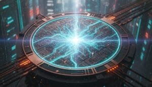 A glowing blue energy pulse emanates from the center of a large, circular futuristic device surrounded by circuit-like patterns and cables.