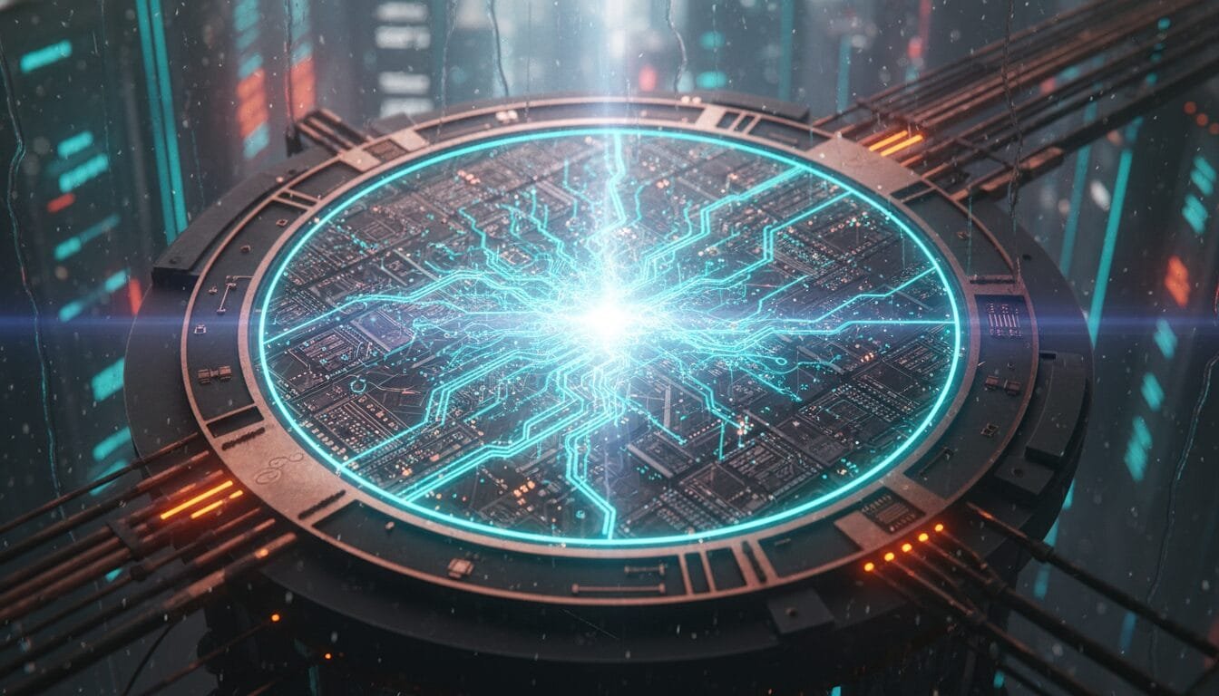 A glowing blue energy pulse emanates from the center of a large, circular futuristic device surrounded by circuit-like patterns and cables.