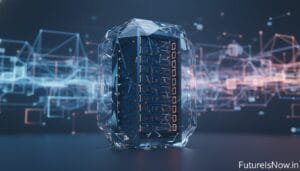 A futuristic server rack encased in a transparent crystal-like structure, with digital network graphics in the background. The text "FutureIsNow.in" appears in the lower right corner.