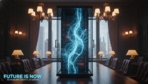 A server rack with glowing blue electrical currents stands in the center of an elegant conference room; text reads "FUTURE IS NOW SOVERIAN AGENTIC SYSTEMS.