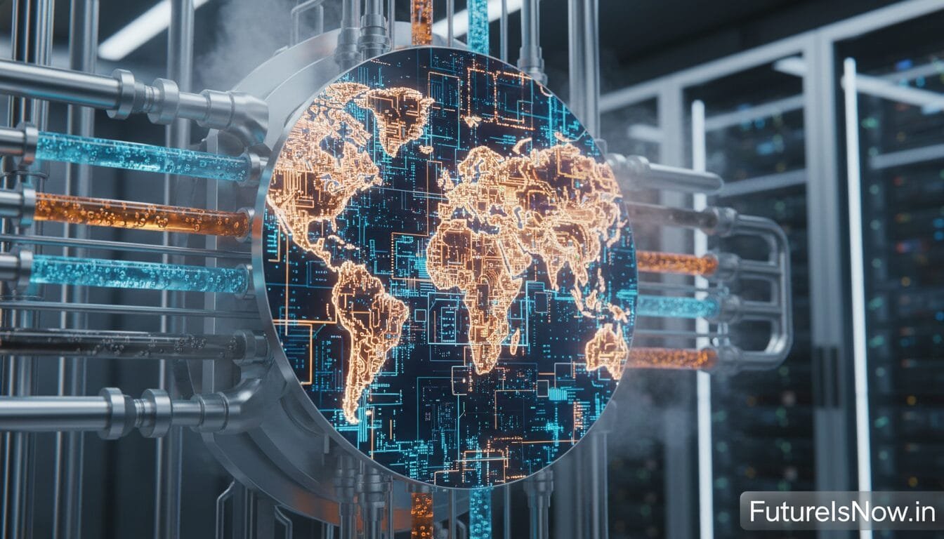 A digital display of a world map is mounted on machinery with colored pipes, surrounded by technology equipment in a server room.