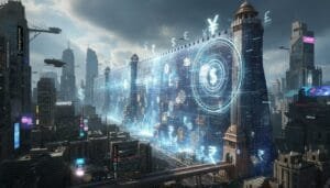 Futuristic cityscape with a large digital wall displaying global currency symbols and financial data, surrounded by skyscrapers and flying vehicles.
