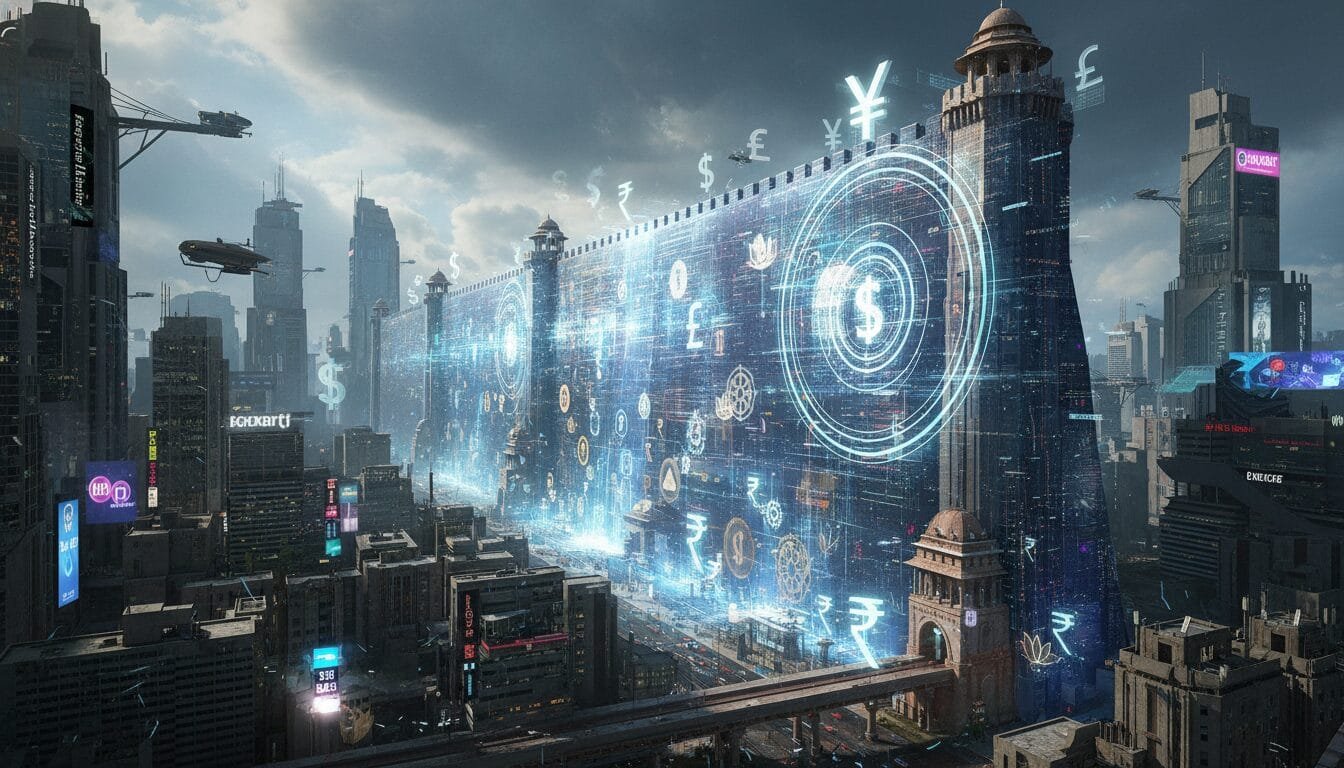 Futuristic cityscape with a large digital wall displaying global currency symbols and financial data, surrounded by skyscrapers and flying vehicles.