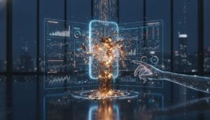 A digital hand interacts with a virtual touchscreen, causing streams of golden liquid to flow upward amid futuristic data charts and city lights in the background.