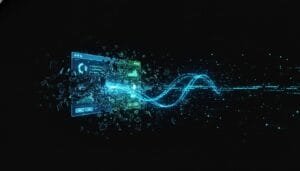A digital wave and fragmented data particles emerge from a computer interface on a dark background, representing data transfer or digital transformation.