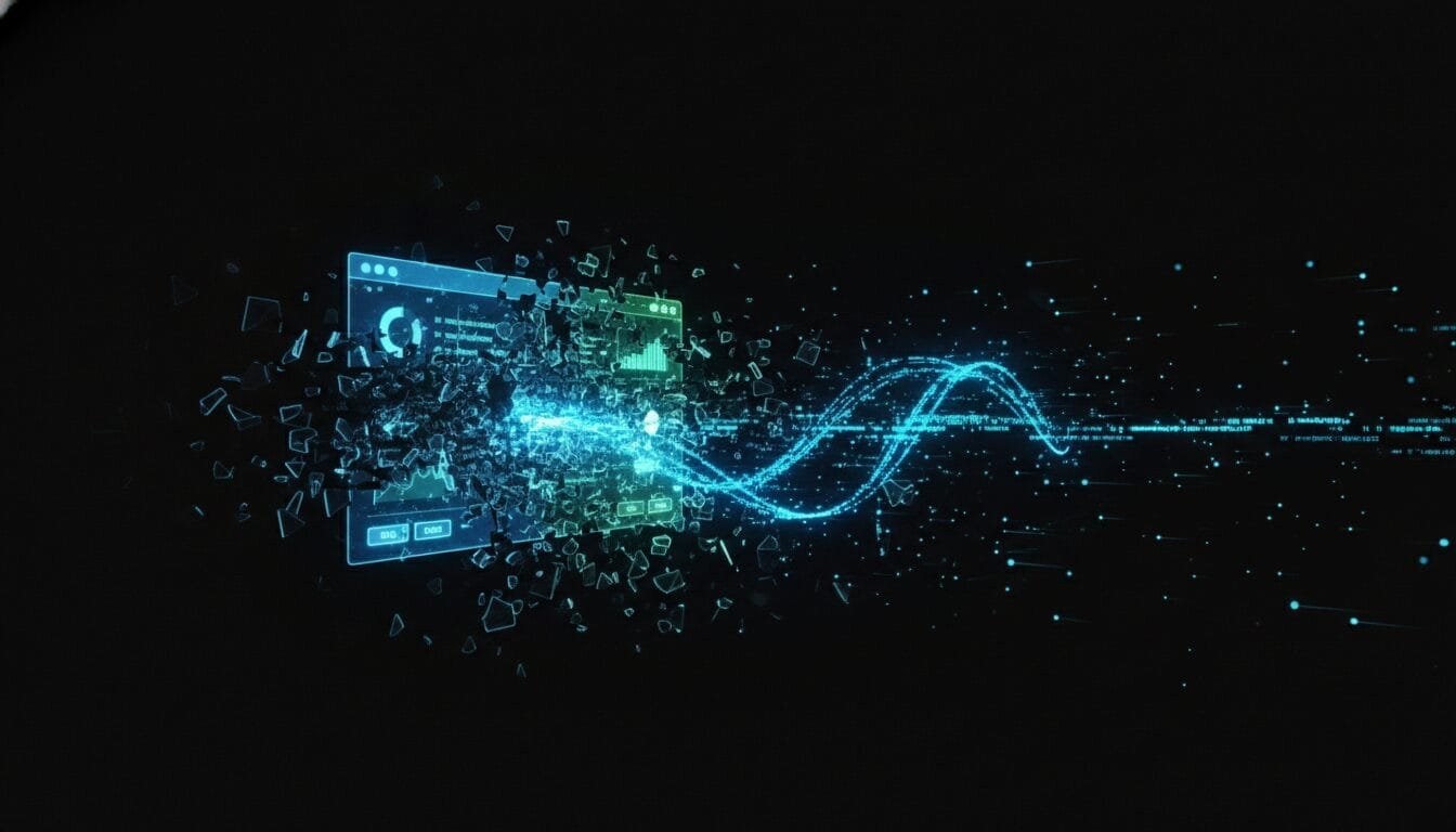 A digital wave and fragmented data particles emerge from a computer interface on a dark background, representing data transfer or digital transformation.