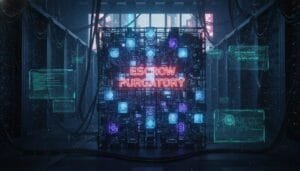 A neon sign reading "ESCROW PURGATORY" is displayed on a server rack surrounded by digital screens and cables in a futuristic data center.