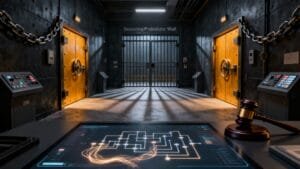 A high-tech control room with locked steel doors, chains, digital panels, and a touchscreen displaying a circuit, overseen by a judge's gavel on a desk.