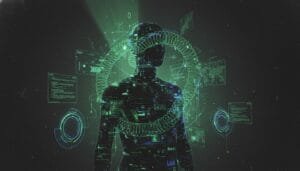 A digital silhouette of a human figure with holographic data, screens, and circular patterns, representing futuristic technology and artificial intelligence.