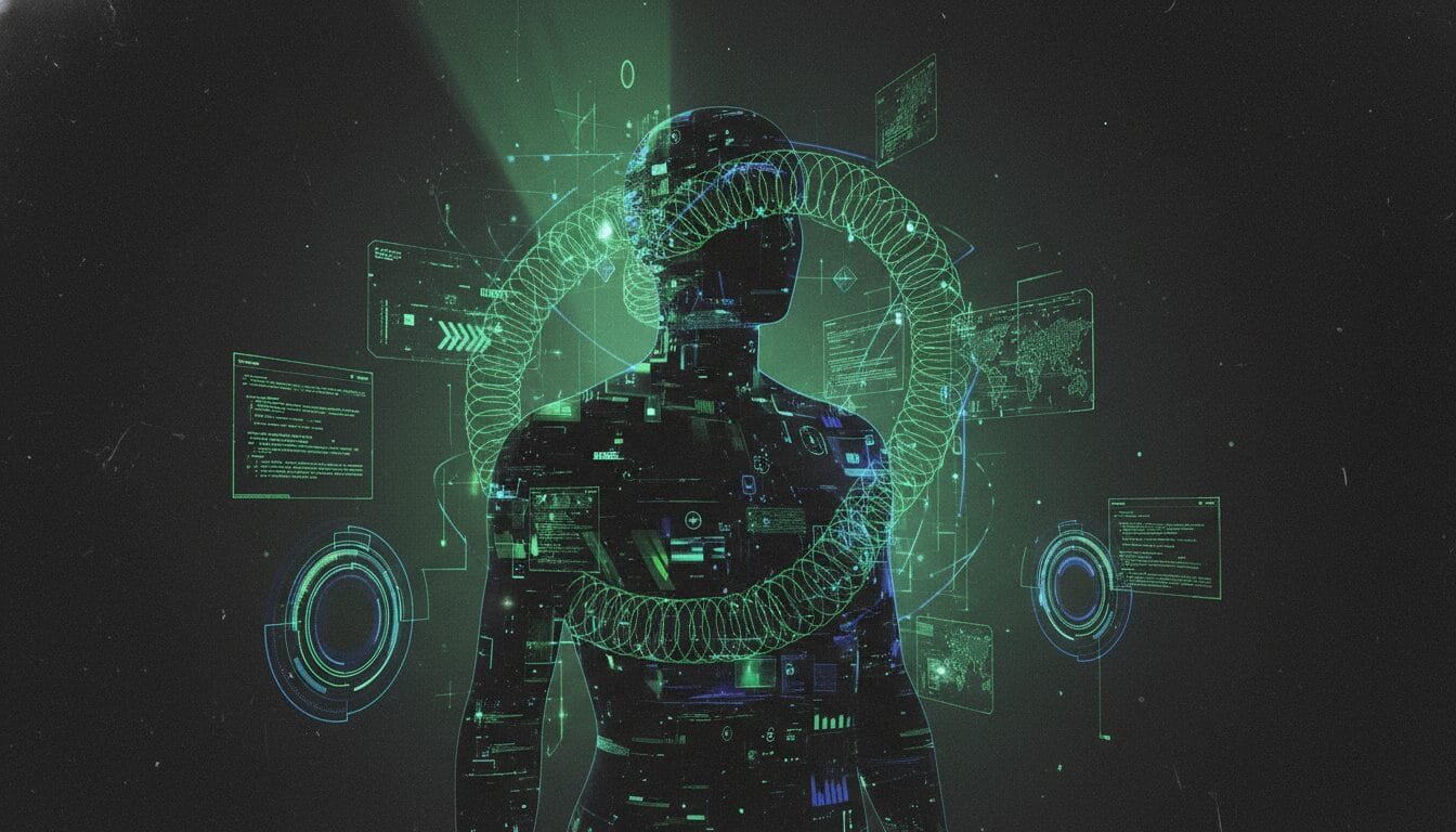 A digital silhouette of a human figure with holographic data, screens, and circular patterns, representing futuristic technology and artificial intelligence.