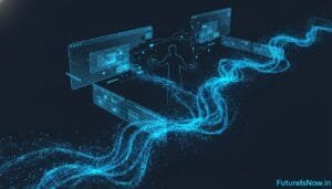 Digital illustration of a human figure interacting with virtual screens, with streams of blue data flowing through a dark, futuristic background.