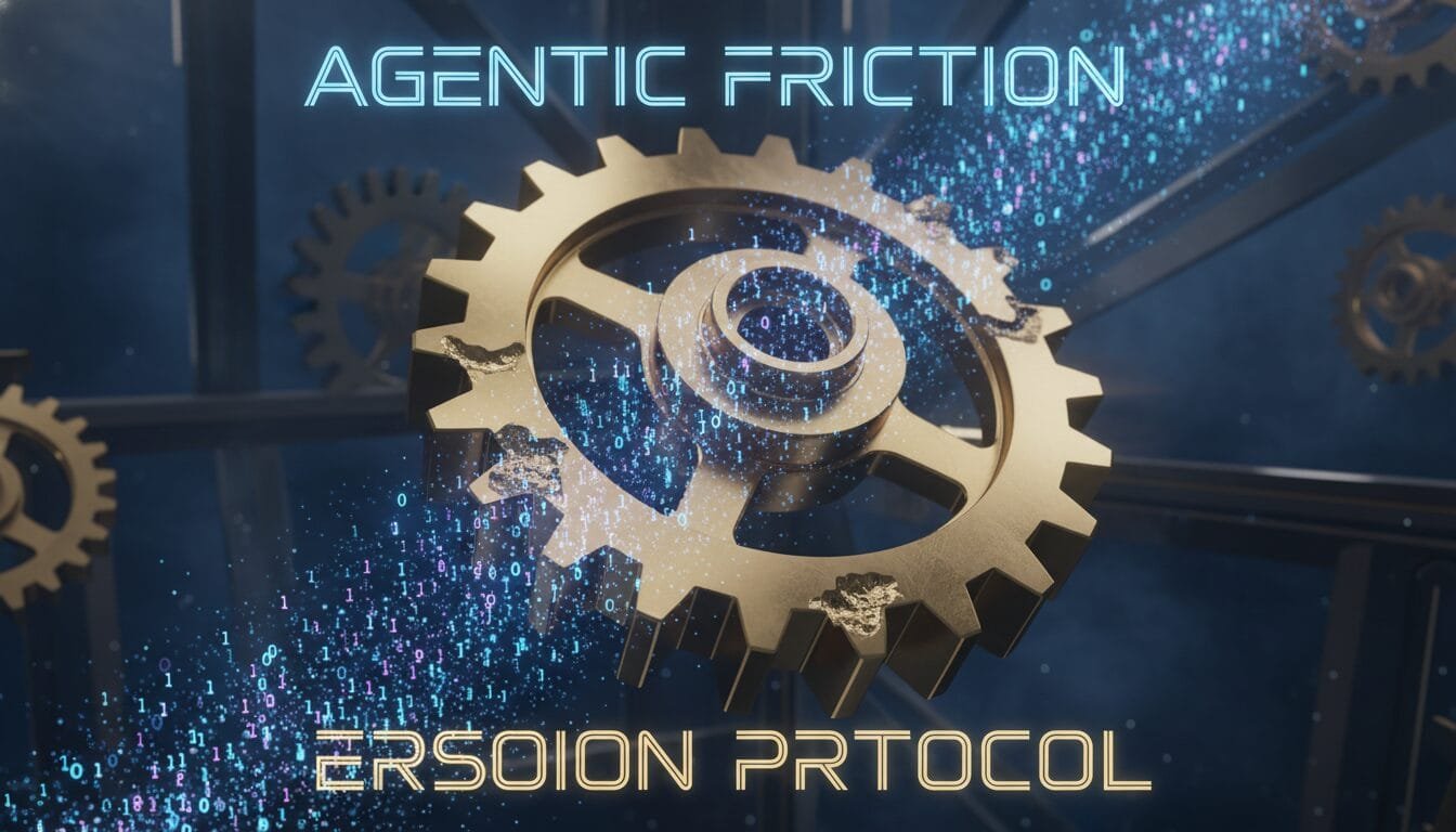 A large gold gear surrounded by digital particles, with the text “AGENTIC FRICTION” at the top and “ERSION PRTOCOL” at the bottom.