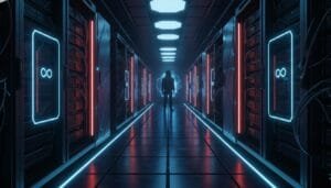 A person stands in a futuristic data center hallway lined with illuminated servers and glowing blue and red lights.