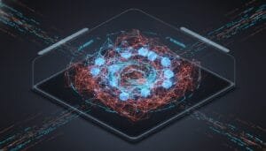 Digital illustration of interconnected blue and red geometric network structures on a dark tablet-like surface, representing AI agents, data exchange, and Multi-Agent Systems Strategy.