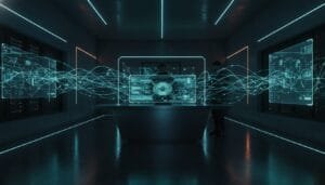 A futuristic control room with digital screens and blue holographic waves connecting data interfaces, two people are visible in the background.