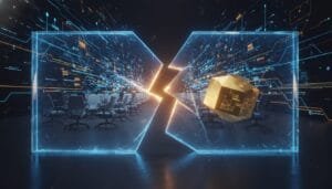 A futuristic conference room split by a glowing digital line, with a golden geometric object and digital circuit patterns in the background.