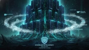 A digital illustration of a futuristic data center surrounded by logos of cloud services like Salesforce, Adobe, and Microsoft Dynamics, labeled "Sovergan Intelligence BFSI Sector.