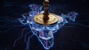 A gold stamp labeled "Data Protection Board" is placed on a digital map outline of India with blue circuit-like highlights.