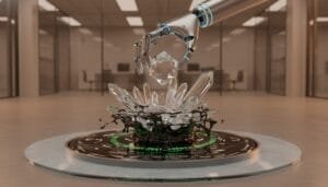 A robotic hand holds a large crystal above a cluster of smaller crystals and black liquid, with green code displayed around the circular base, in a modern office setting.