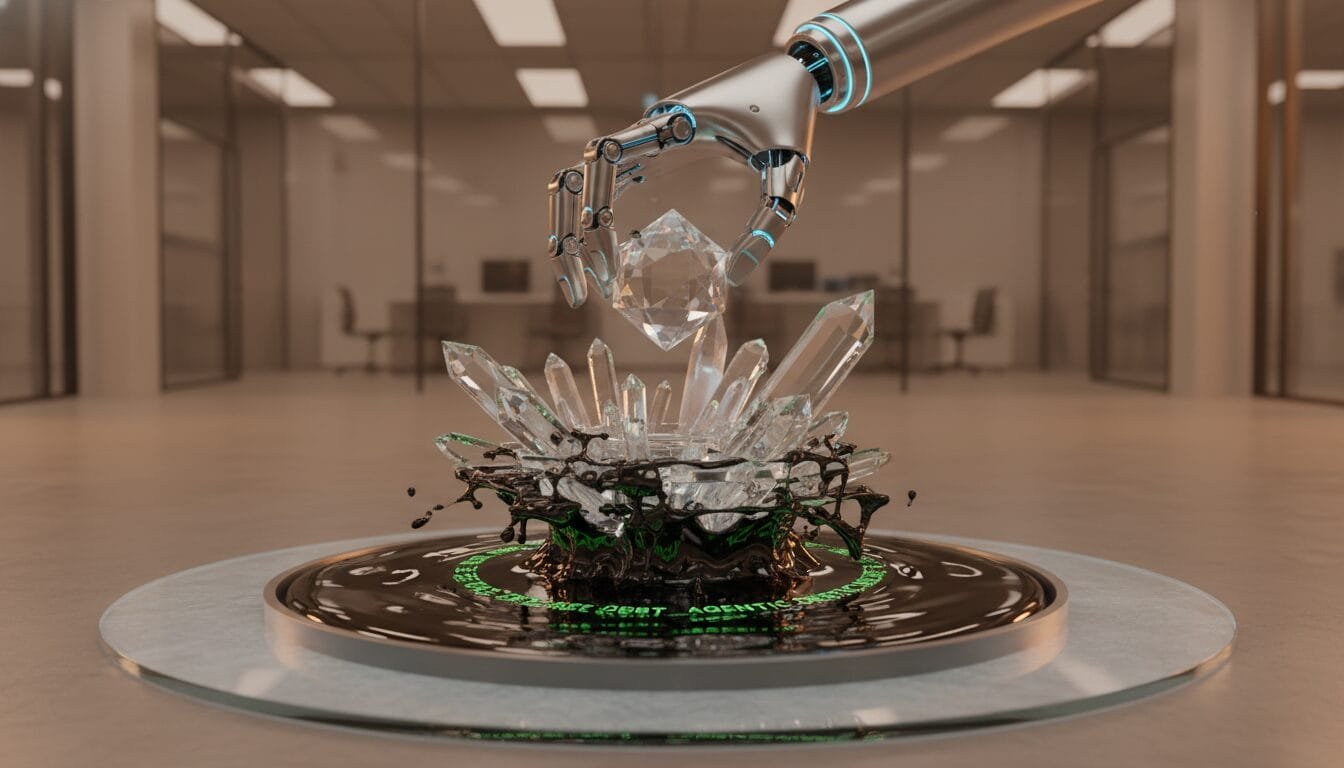 A robotic hand holds a large crystal above a cluster of smaller crystals and black liquid, with green code displayed around the circular base, in a modern office setting.