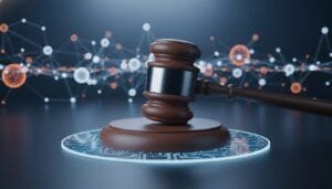 A wooden judge’s gavel rests on a circular digital platform, with abstract network connections and nodes in the blurred background.