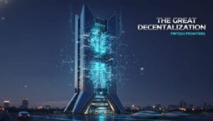 Futuristic skyscraper with digital blue light effects at dusk; text reads "The Great Decentralization - Fintech Frontiers.