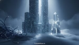 Two tall futuristic towers and a crystal structure rise from a misty, cloud-like surface, with tangled cables on the left and glowing digital details throughout.