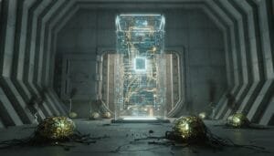 A large, illuminated, transparent server or computer core stands in a concrete room, surrounded by mechanical orbs connected by cables.