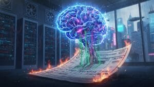 A glowing digital brain emerges from a burning financial document in a server room, with a cityscape visible through the windows in the background.