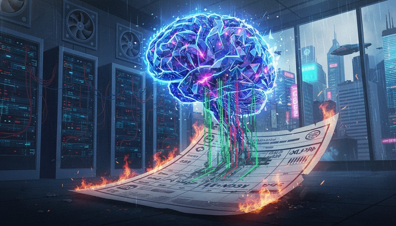 A glowing digital brain emerges from a burning financial document in a server room, with a cityscape visible through the windows in the background.