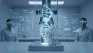 A digital rendering of a laboratory scene shows a holographic double helix DNA model surrounded by data screens, with two people in lab coats seated in the background.