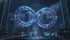 A glowing digital infinity symbol floats above a futuristic cityscape at night, with tall skyscrapers and neon lights in the background.