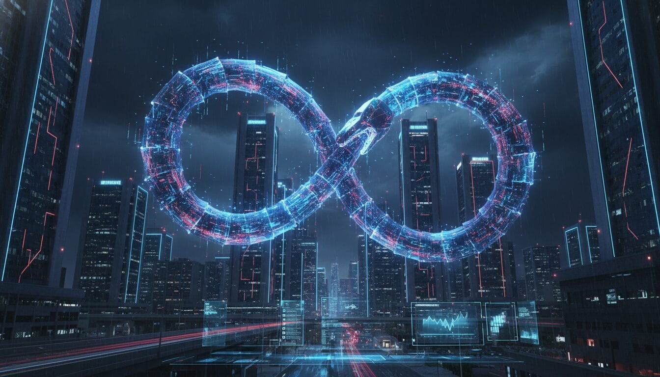 A glowing digital infinity symbol floats above a futuristic cityscape at night, with tall skyscrapers and neon lights in the background.